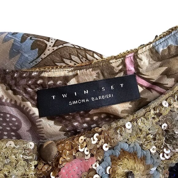 Twin-Set Simona Barbieri 100% Silk, Floral Tie Sleeve Dress, Sequin Embellish, S - Picture 4 of 7